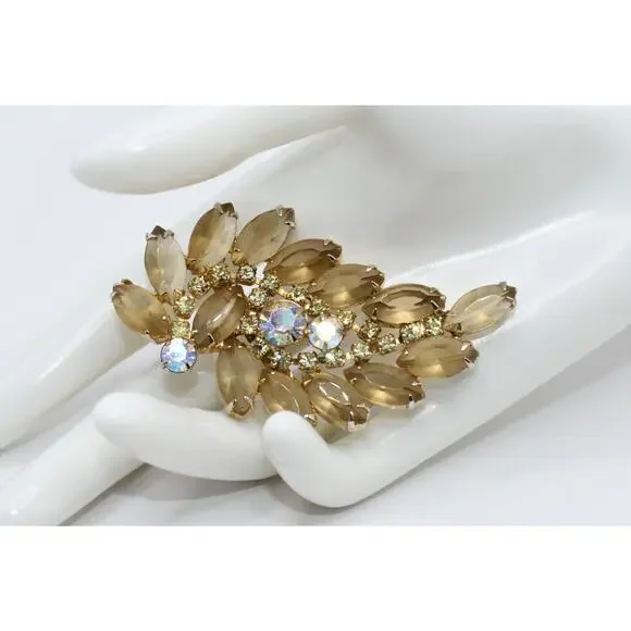 Vintage Light Topaz Rhinestone Floral Brooch AB Open Back 1950s 1960s